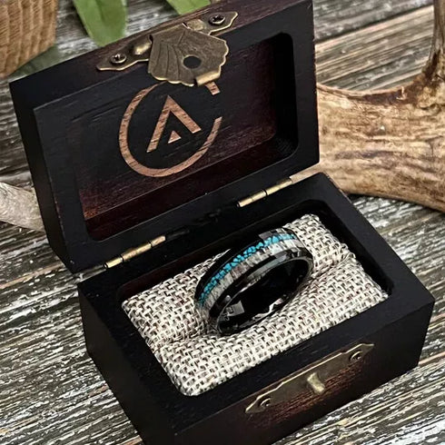 Men's 8mm Tungsten Deer Antler Crushed Turquoise Black Engagement Wedding Band